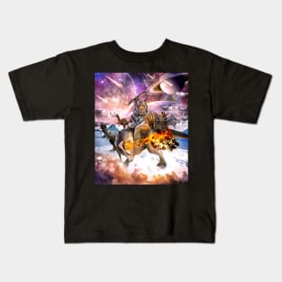 Big Cat Tiger Riding Dinosaur In Space Kids T-Shirt